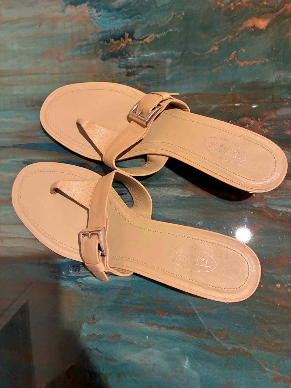Talbots Beige Leather Toe-Loop Sandals with Buckle